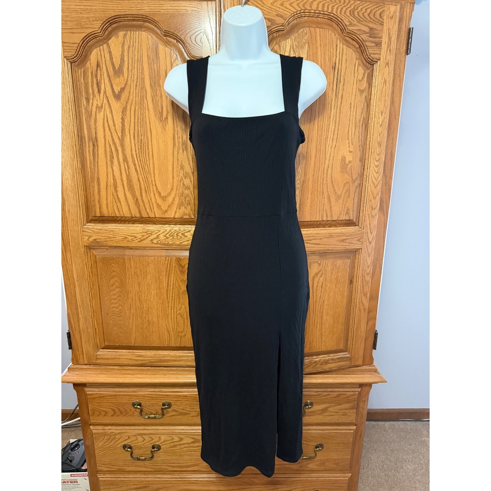 Reformation Cassi Knit Dress Black Sz M Ribbed Square Neck Side Slit Midi